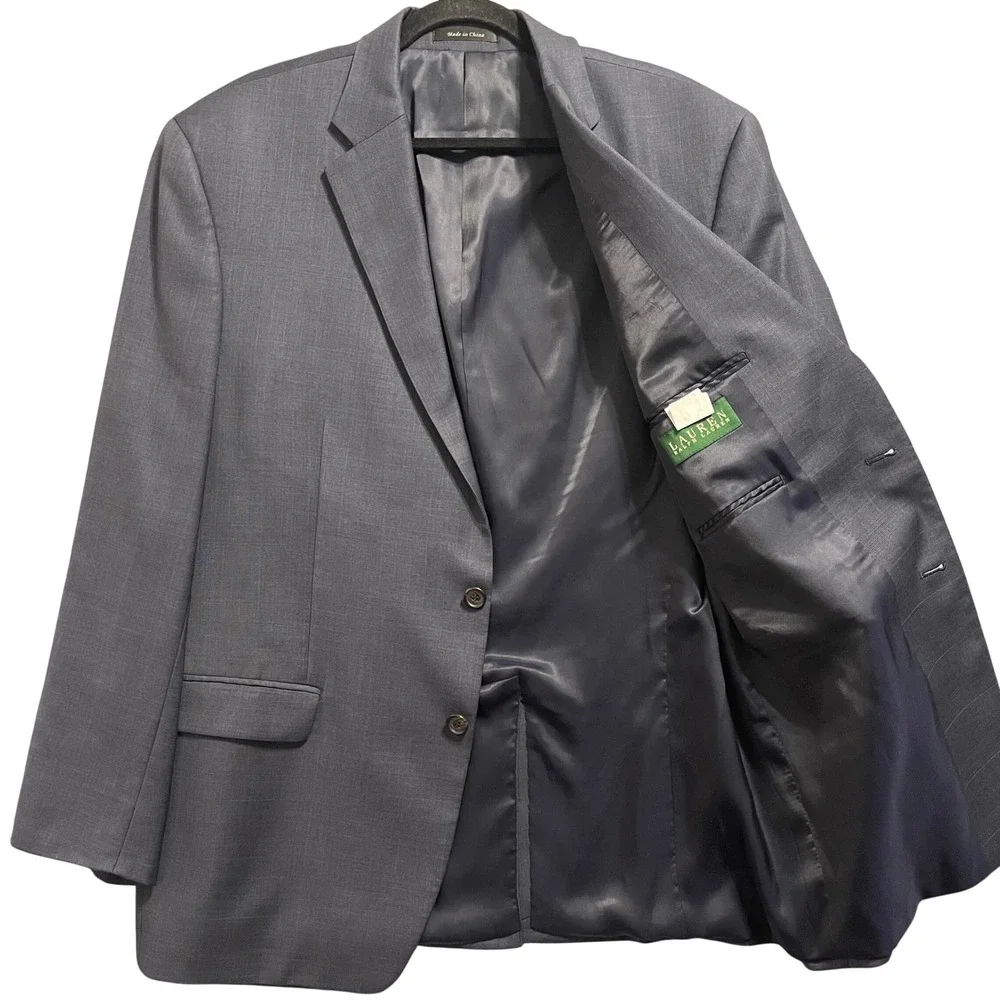 Lauren Ralph Lauren Mens Suit Blazer 46R Blue Windowpane Wool Two Button Formal